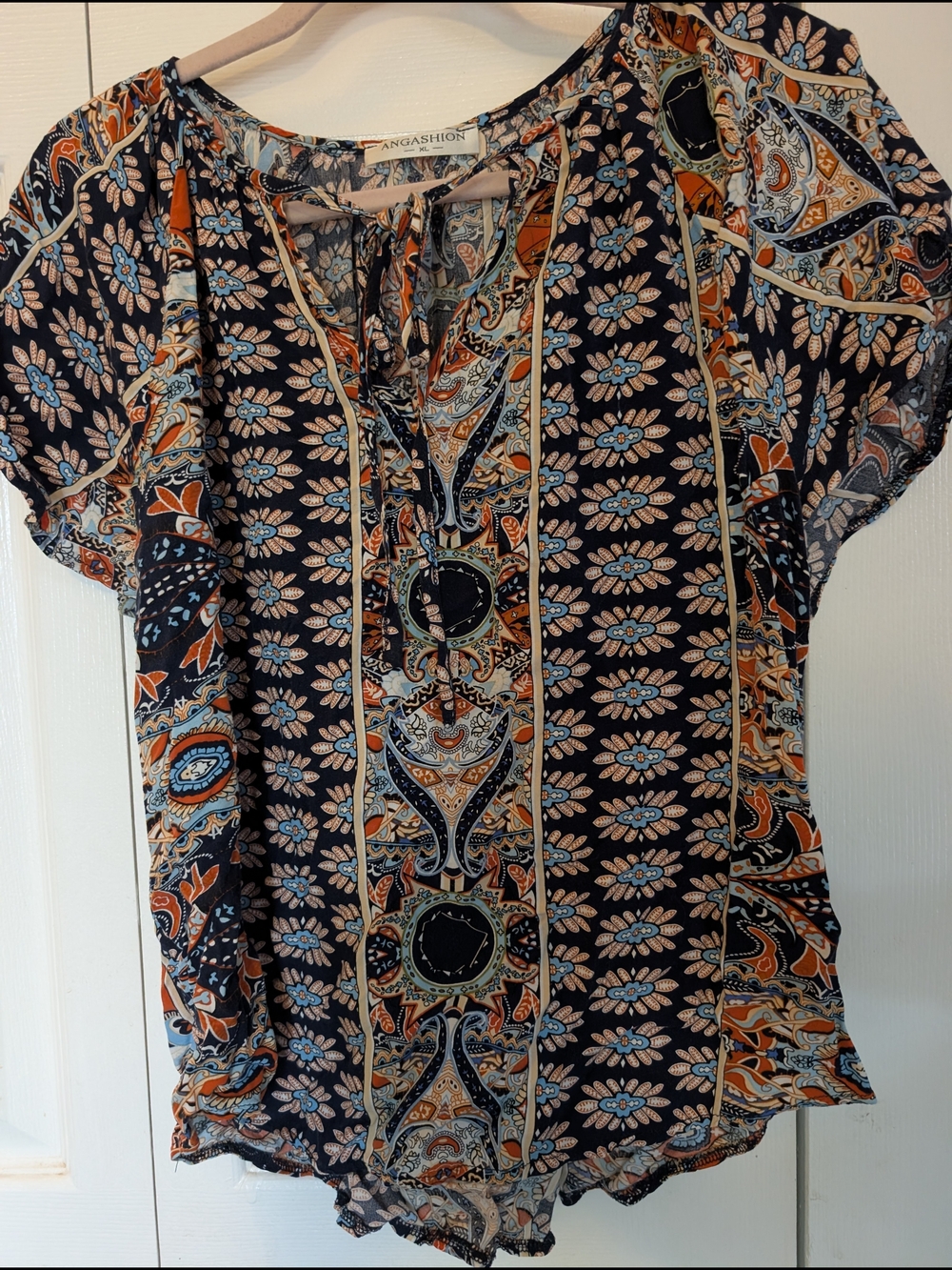 Angashion Navy Paisley Tie-Front Short Sleeve Blouse